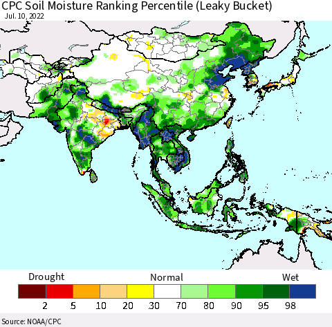 Asia CPC Soil Moisture Ranking Percentile (Leaky Bucket) Thematic Map For 7/6/2022 - 7/10/2022