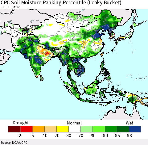 Asia CPC Soil Moisture Ranking Percentile (Leaky Bucket) Thematic Map For 7/11/2022 - 7/15/2022