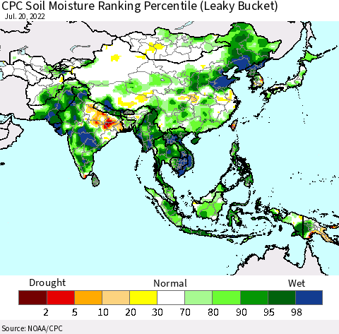Asia CPC Soil Moisture Ranking Percentile (Leaky Bucket) Thematic Map For 7/16/2022 - 7/20/2022