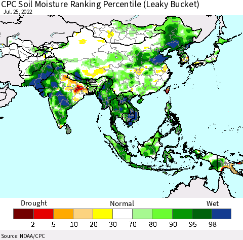 Asia CPC Soil Moisture Ranking Percentile (Leaky Bucket) Thematic Map For 7/21/2022 - 7/25/2022