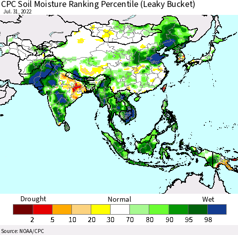 Asia CPC Soil Moisture Ranking Percentile (Leaky Bucket) Thematic Map For 7/26/2022 - 7/31/2022