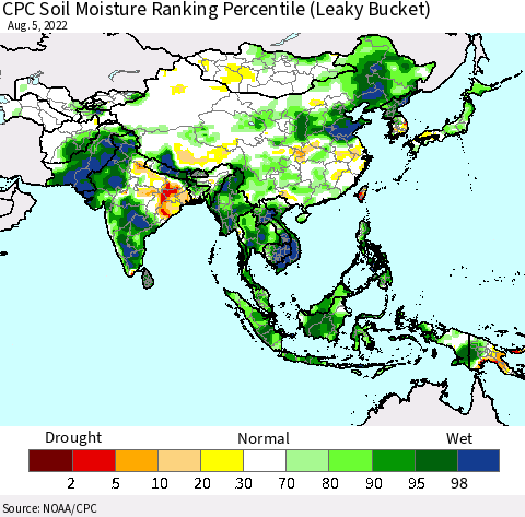 Asia CPC Soil Moisture Ranking Percentile (Leaky Bucket) Thematic Map For 8/1/2022 - 8/5/2022