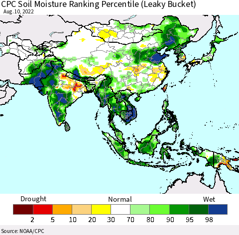 Asia CPC Soil Moisture Ranking Percentile (Leaky Bucket) Thematic Map For 8/6/2022 - 8/10/2022