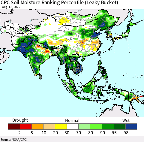 Asia CPC Soil Moisture Ranking Percentile (Leaky Bucket) Thematic Map For 8/11/2022 - 8/15/2022