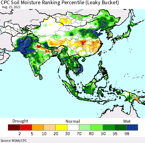 Asia CPC Soil Moisture Ranking Percentile (Leaky Bucket) Thematic Map For 8/21/2022 - 8/25/2022