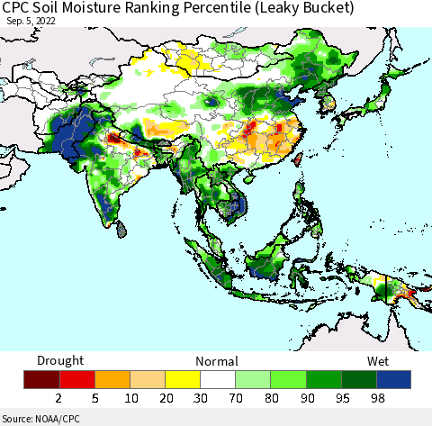 Asia CPC Soil Moisture Ranking Percentile (Leaky Bucket) Thematic Map For 9/1/2022 - 9/5/2022