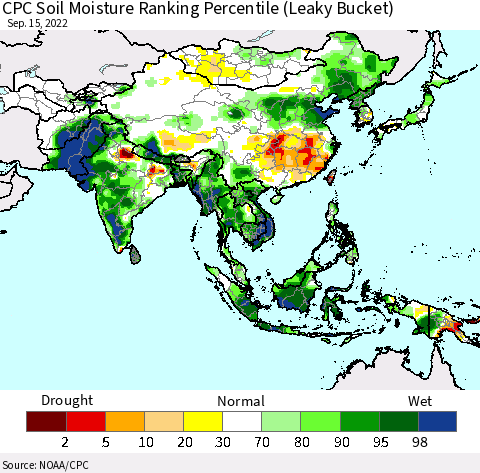 Asia CPC Soil Moisture Ranking Percentile (Leaky Bucket) Thematic Map For 9/11/2022 - 9/15/2022