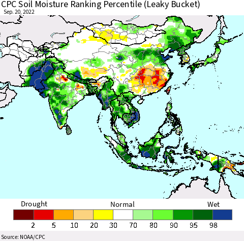 Asia CPC Soil Moisture Ranking Percentile (Leaky Bucket) Thematic Map For 9/16/2022 - 9/20/2022