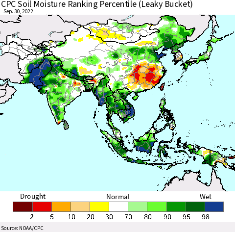Asia CPC Soil Moisture Ranking Percentile (Leaky Bucket) Thematic Map For 9/26/2022 - 9/30/2022