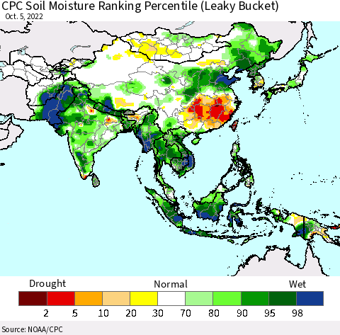 Asia CPC Soil Moisture Ranking Percentile (Leaky Bucket) Thematic Map For 10/1/2022 - 10/5/2022