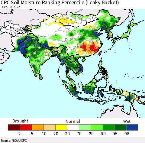 Asia CPC Soil Moisture Ranking Percentile (Leaky Bucket) Thematic Map For 10/6/2022 - 10/10/2022
