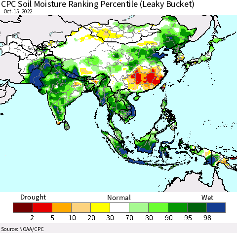 Asia CPC Soil Moisture Ranking Percentile (Leaky Bucket) Thematic Map For 10/11/2022 - 10/15/2022