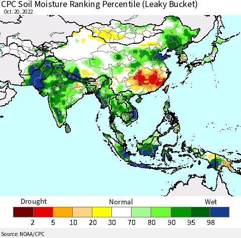 Asia CPC Soil Moisture Ranking Percentile (Leaky Bucket) Thematic Map For 10/16/2022 - 10/20/2022