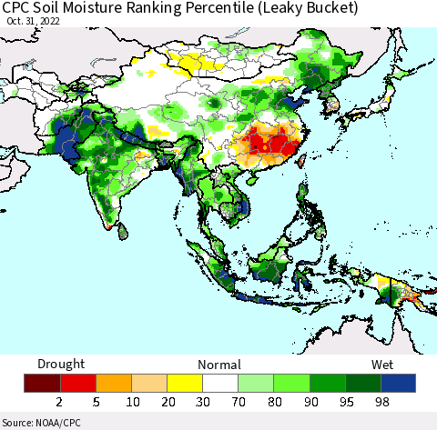 Asia CPC Soil Moisture Ranking Percentile (Leaky Bucket) Thematic Map For 10/26/2022 - 10/31/2022