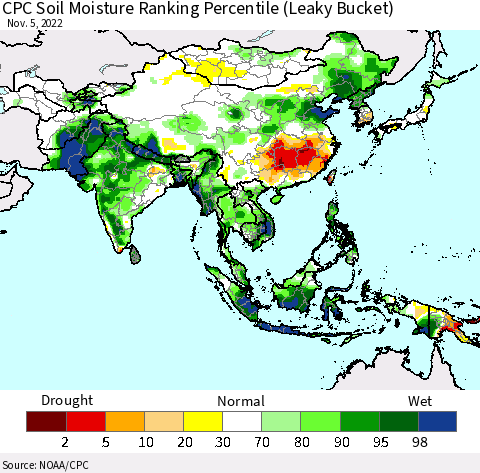 Asia CPC Soil Moisture Ranking Percentile (Leaky Bucket) Thematic Map For 11/1/2022 - 11/5/2022