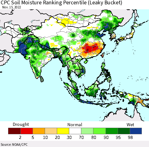 Asia CPC Soil Moisture Ranking Percentile (Leaky Bucket) Thematic Map For 11/11/2022 - 11/15/2022