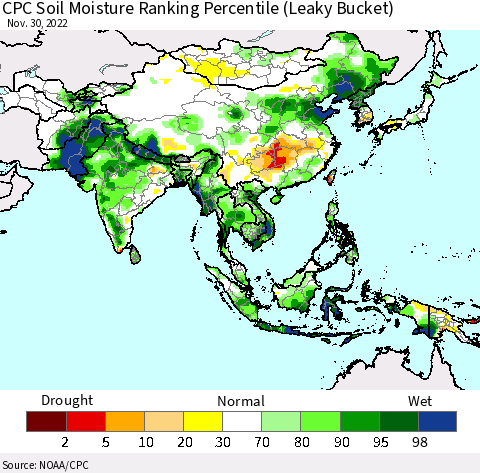 Asia CPC Soil Moisture Ranking Percentile (Leaky Bucket) Thematic Map For 11/26/2022 - 11/30/2022