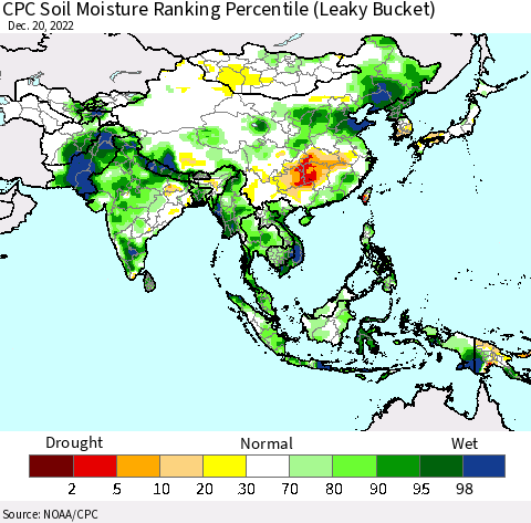 Asia CPC Soil Moisture Ranking Percentile (Leaky Bucket) Thematic Map For 12/16/2022 - 12/20/2022