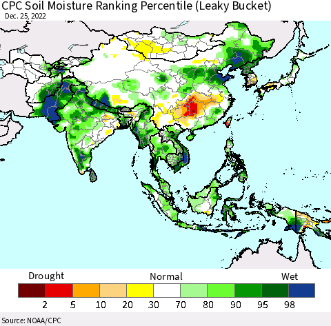 Asia CPC Soil Moisture Ranking Percentile (Leaky Bucket) Thematic Map For 12/21/2022 - 12/25/2022