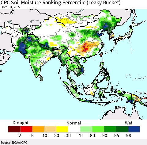 Asia CPC Soil Moisture Ranking Percentile (Leaky Bucket) Thematic Map For 12/26/2022 - 12/31/2022