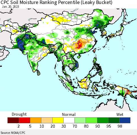 Asia CPC Soil Moisture Ranking Percentile (Leaky Bucket) Thematic Map For 1/16/2023 - 1/20/2023