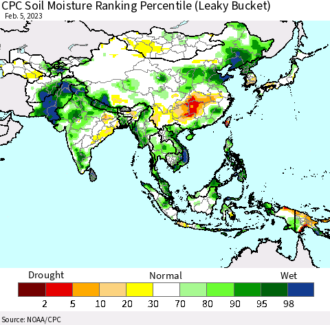 Asia CPC Soil Moisture Ranking Percentile (Leaky Bucket) Thematic Map For 2/1/2023 - 2/5/2023