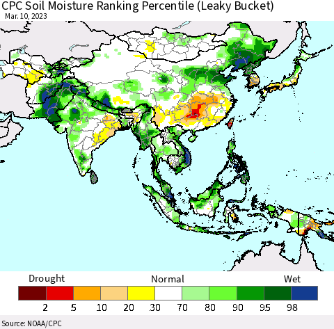 Asia CPC Soil Moisture Ranking Percentile (Leaky Bucket) Thematic Map For 3/6/2023 - 3/10/2023