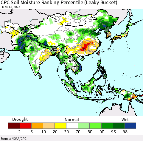 Asia CPC Soil Moisture Ranking Percentile (Leaky Bucket) Thematic Map For 3/11/2023 - 3/15/2023
