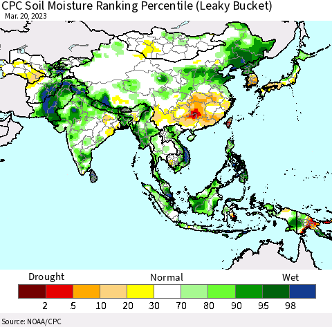 Asia CPC Soil Moisture Ranking Percentile (Leaky Bucket) Thematic Map For 3/16/2023 - 3/20/2023