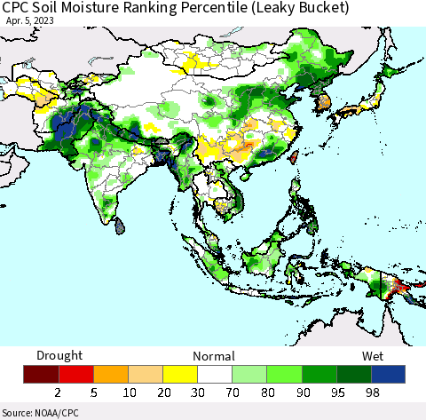Asia CPC Soil Moisture Ranking Percentile (Leaky Bucket) Thematic Map For 4/1/2023 - 4/5/2023