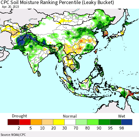 Asia CPC Soil Moisture Ranking Percentile (Leaky Bucket) Thematic Map For 4/16/2023 - 4/20/2023