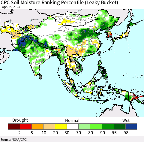 Asia CPC Soil Moisture Ranking Percentile (Leaky Bucket) Thematic Map For 4/21/2023 - 4/25/2023