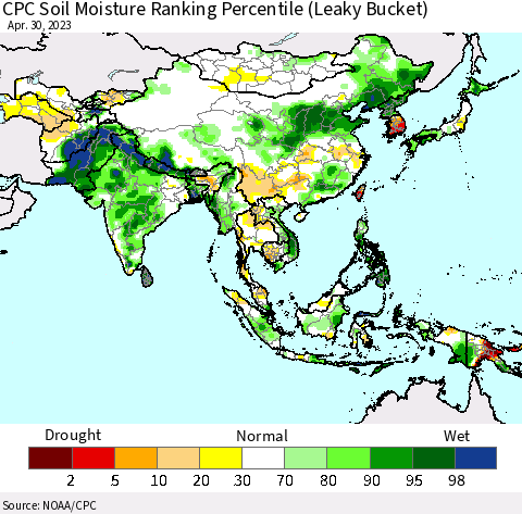 Asia CPC Soil Moisture Ranking Percentile (Leaky Bucket) Thematic Map For 4/26/2023 - 4/30/2023