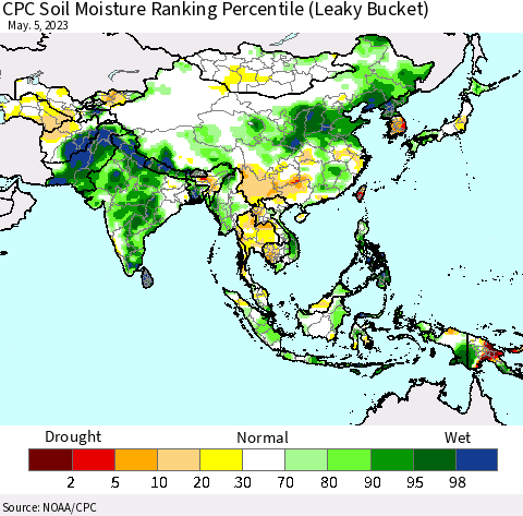 Asia CPC Soil Moisture Ranking Percentile (Leaky Bucket) Thematic Map For 5/1/2023 - 5/5/2023