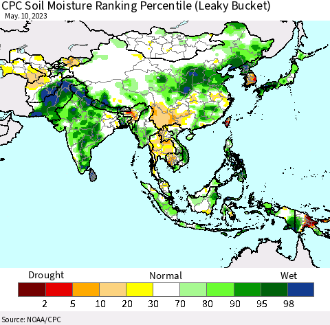 Asia CPC Soil Moisture Ranking Percentile (Leaky Bucket) Thematic Map For 5/6/2023 - 5/10/2023