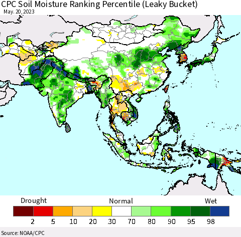 Asia CPC Soil Moisture Ranking Percentile (Leaky Bucket) Thematic Map For 5/16/2023 - 5/20/2023