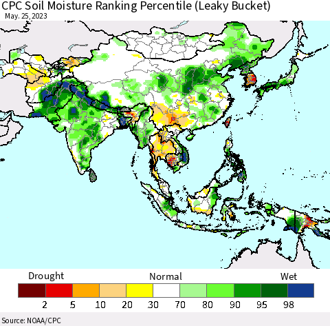 Asia CPC Soil Moisture Ranking Percentile (Leaky Bucket) Thematic Map For 5/21/2023 - 5/25/2023