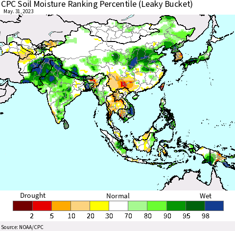 Asia CPC Soil Moisture Ranking Percentile (Leaky Bucket) Thematic Map For 5/26/2023 - 5/31/2023