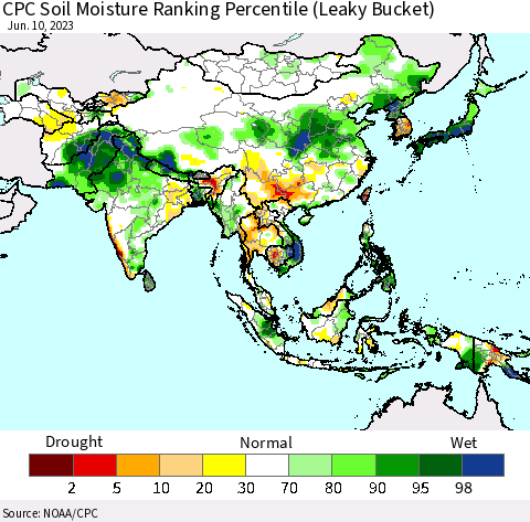Asia CPC Soil Moisture Ranking Percentile (Leaky Bucket) Thematic Map For 6/6/2023 - 6/10/2023