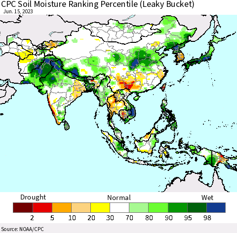 Asia CPC Soil Moisture Ranking Percentile (Leaky Bucket) Thematic Map For 6/11/2023 - 6/15/2023