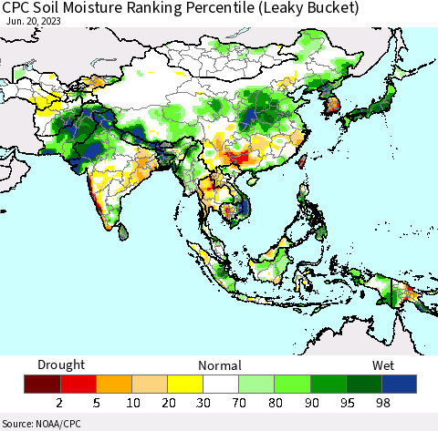 Asia CPC Soil Moisture Ranking Percentile (Leaky Bucket) Thematic Map For 6/16/2023 - 6/20/2023