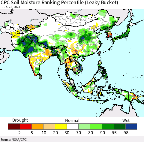 Asia CPC Soil Moisture Ranking Percentile (Leaky Bucket) Thematic Map For 6/21/2023 - 6/25/2023