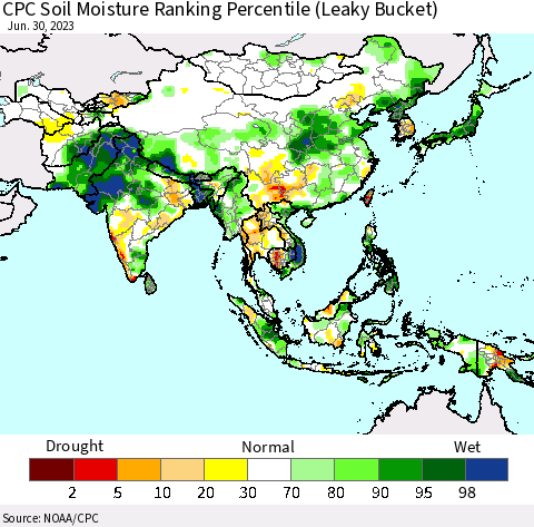 Asia CPC Soil Moisture Ranking Percentile (Leaky Bucket) Thematic Map For 6/26/2023 - 6/30/2023