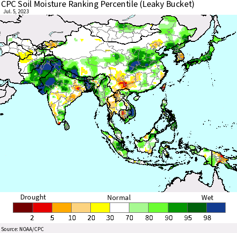Asia CPC Soil Moisture Ranking Percentile (Leaky Bucket) Thematic Map For 7/1/2023 - 7/5/2023
