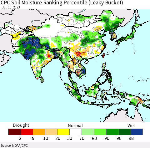Asia CPC Soil Moisture Ranking Percentile (Leaky Bucket) Thematic Map For 7/6/2023 - 7/10/2023