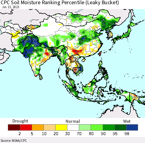Asia CPC Soil Moisture Ranking Percentile (Leaky Bucket) Thematic Map For 7/11/2023 - 7/15/2023