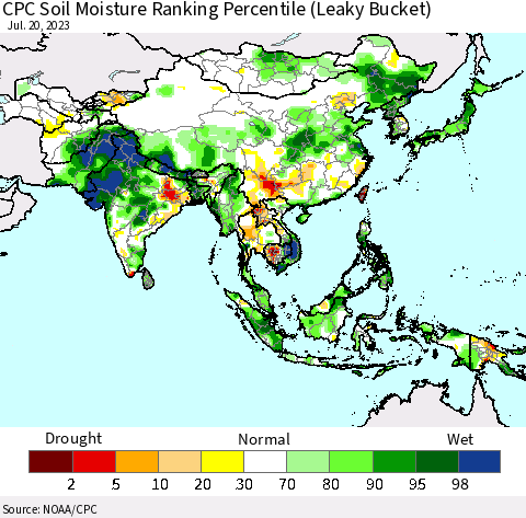 Asia CPC Soil Moisture Ranking Percentile (Leaky Bucket) Thematic Map For 7/16/2023 - 7/20/2023