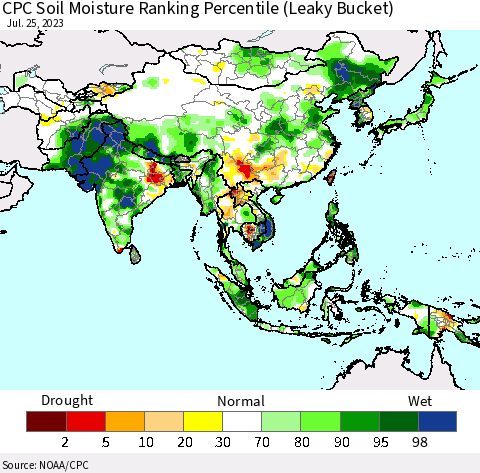 Asia CPC Soil Moisture Ranking Percentile (Leaky Bucket) Thematic Map For 7/21/2023 - 7/25/2023