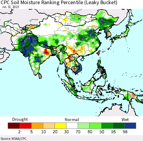 Asia CPC Soil Moisture Ranking Percentile (Leaky Bucket) Thematic Map For 7/26/2023 - 7/31/2023