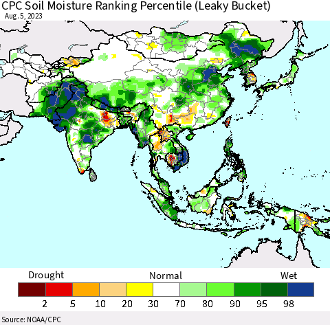 Asia CPC Soil Moisture Ranking Percentile (Leaky Bucket) Thematic Map For 8/1/2023 - 8/5/2023